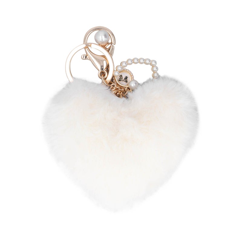 Keychain Pom Pom Heart Shaped Fluffy Soft Plush Odorless Fadeless Wide Application Zinc Alloy Durable Backpack KeychainWhite - Image 1