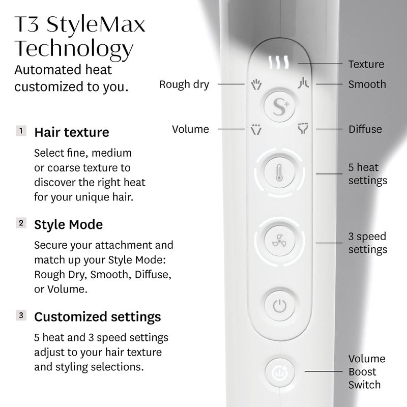 T3 Featherweight StyleMax Professional Ionic Hair Dryer with Custom Heat Automation & 4 Attachments, Fast Drying, Lightweight with 5 Heat & 3 Speed Settings, 2 Concentrators, Diffuser & Smoothing Comb - Image 2