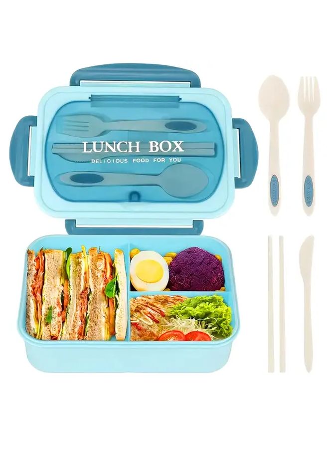 Blue BPA Free Leak Proof 3 Compartment Lunch Box with Locking Lid and Built In Utensils Microwave Safe Durable Plastic - Image 1
