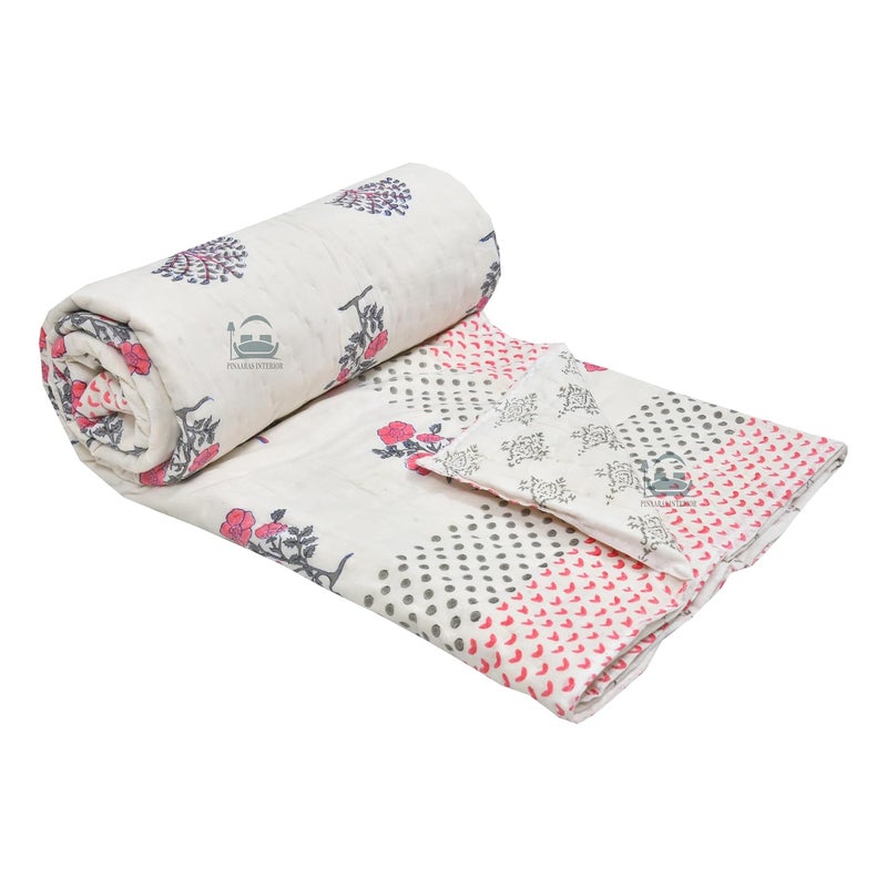 SIBLEY Hand Block Print Quilts Pure Cotton Lightweight Reversible Double Bed Pink Floral - Image 1