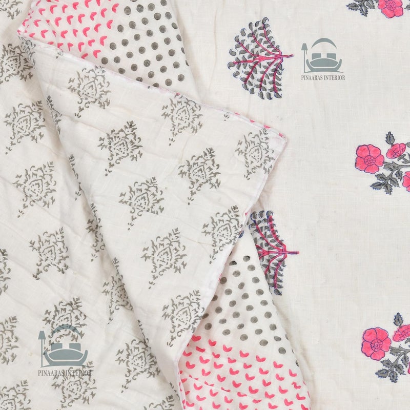 SIBLEY Hand Block Print Quilts Pure Cotton Lightweight Reversible Double Bed Pink Floral - Image 5