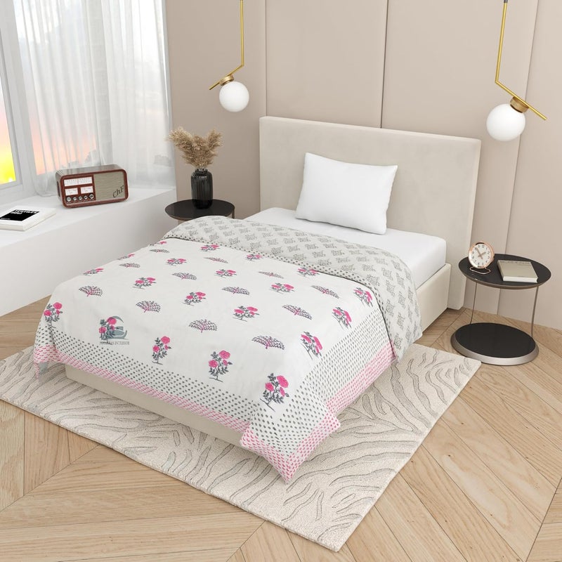 SIBLEY Hand Block Print Quilts Pure Cotton Lightweight Reversible Double Bed Pink Floral - Image 3