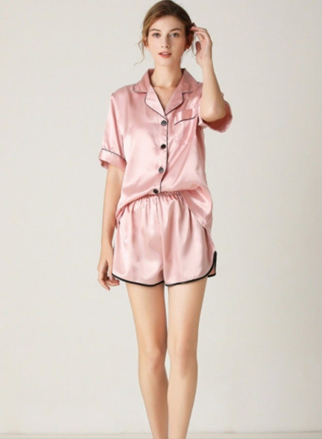Loquat Women's 2-Piece Set Nightgown Sleepwear  Short Sleeve Lapel Top And Shorts Soft Loungewear Pajamas Suit Pink 