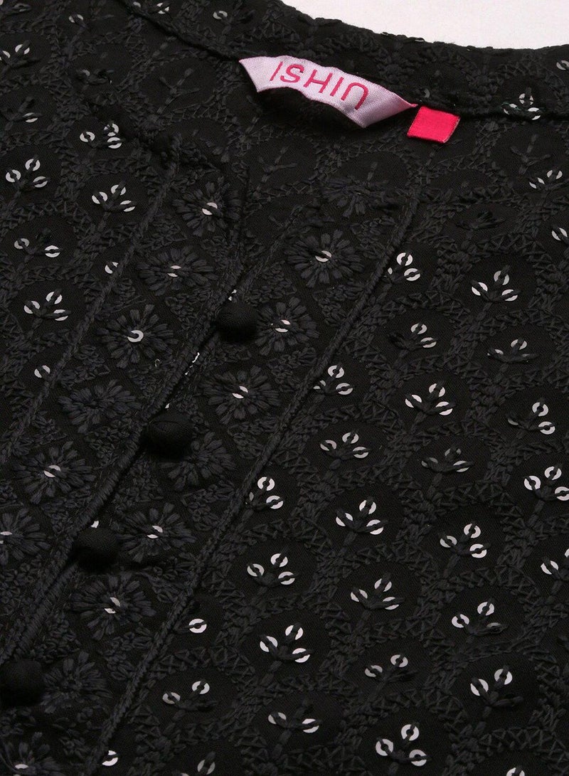 ISHIN Women'S Black Viscose Rayon Printed Regular Fit Kurta - Image 2