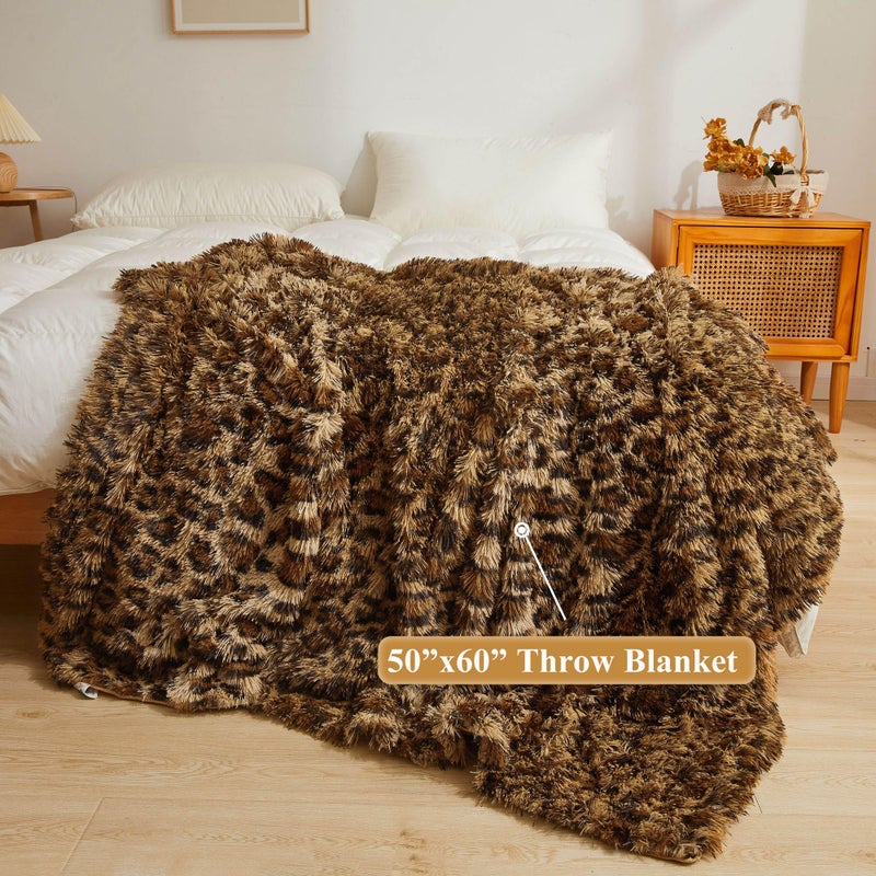 XeGe Luxury Faux Fur Leopard Print Throw, Soft 50x60 Cheetah Print Fluffy Blanket, Shaggy Plush Decorative Couch Throw, Cute Furry Fuzzy Animal Print Blanket for Sofa Bed, Brown - Image 2