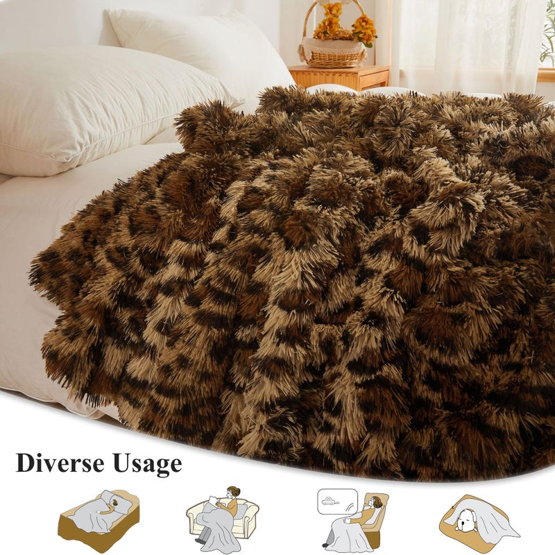 XeGe Luxury Faux Fur Leopard Print Throw, Soft 50x60 Cheetah Print Fluffy Blanket, Shaggy Plush Decorative Couch Throw, Cute Furry Fuzzy Animal Print Blanket for Sofa Bed, Brown - Image 3