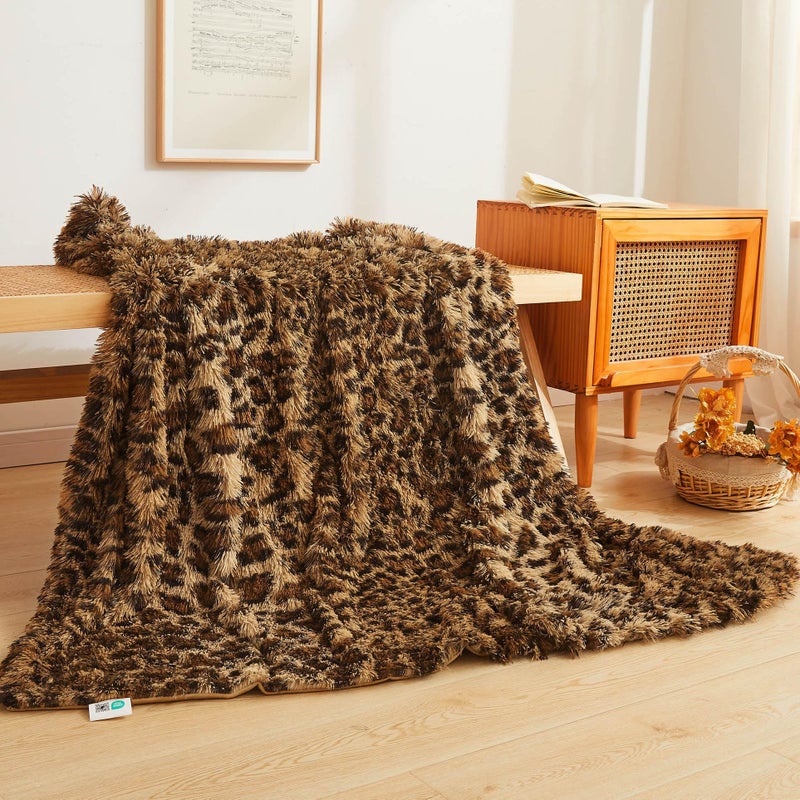 XeGe Luxury Faux Fur Leopard Print Throw, Soft 50x60 Cheetah Print Fluffy Blanket, Shaggy Plush Decorative Couch Throw, Cute Furry Fuzzy Animal Print Blanket for Sofa Bed, Brown - Image 1