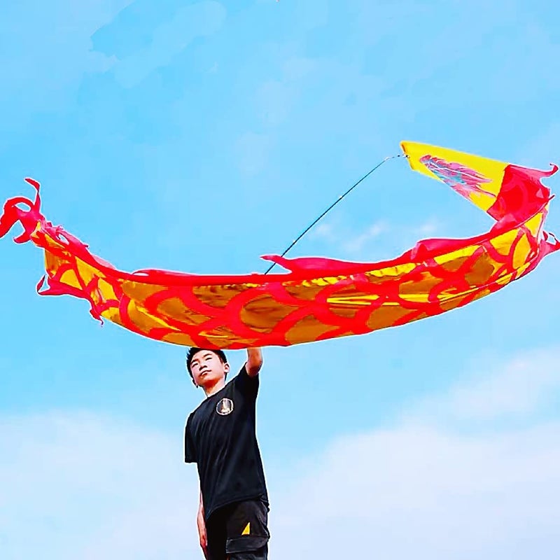 DSJUGGLING 3 Meters 98 FT Golden Scale Dragon Poi Outdoor Flinging Fitness Dragon Dance 3D Rainbow Color Dragon Ribbon Streamer with Fiberglass Handstick Travel Bag Golden Red Dragon - Image 3