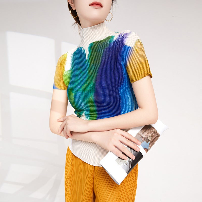 Women's wholesale supply temperament high collar gradient graffiti fashion high-end pleated T-shirt slim versatile pleated short sleeve - Image 4