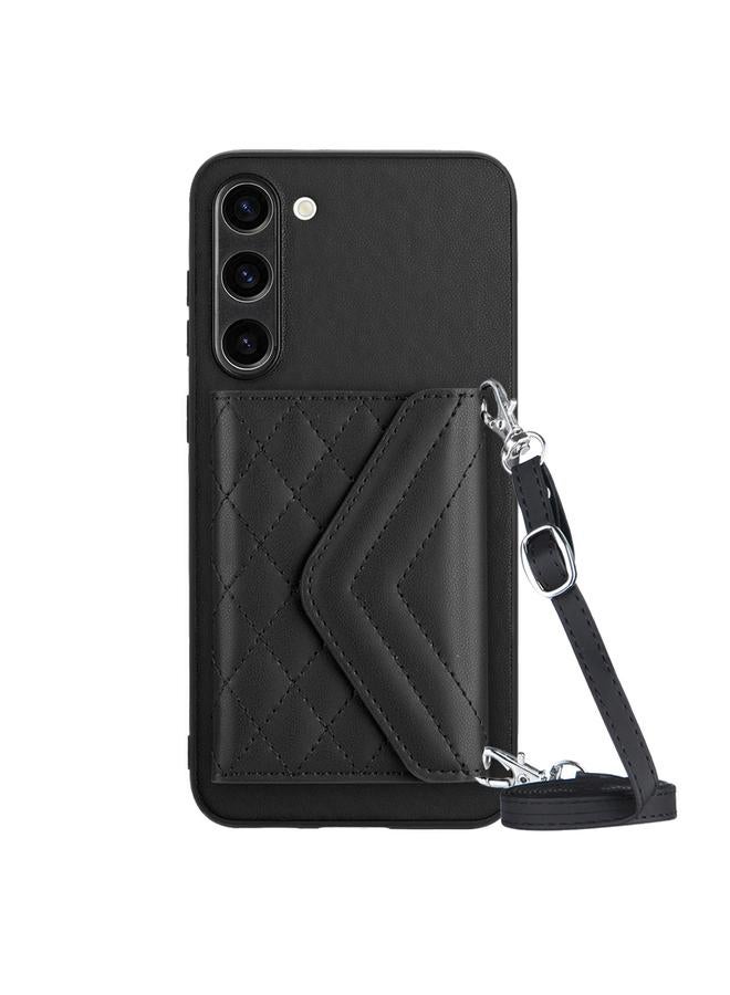 erorex For Samsung Galaxy S23+ 5G Rhombic Texture Card Bag RFID Phone Case with Long Lanyard(Black)