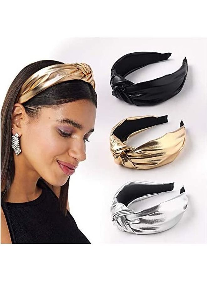 NIBEMINENT 3-Piece Knotted Wide Turban Headband Gold/Silver/Black