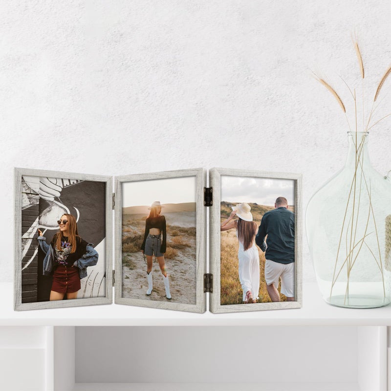 Space Art Deco 5x7 Triple Hinged Frames  3 Folding Picture Frame  Triptych Photo Frame  Stand Vertically on Desktop or Tabletop  Whitewashed Oak - Image 3
