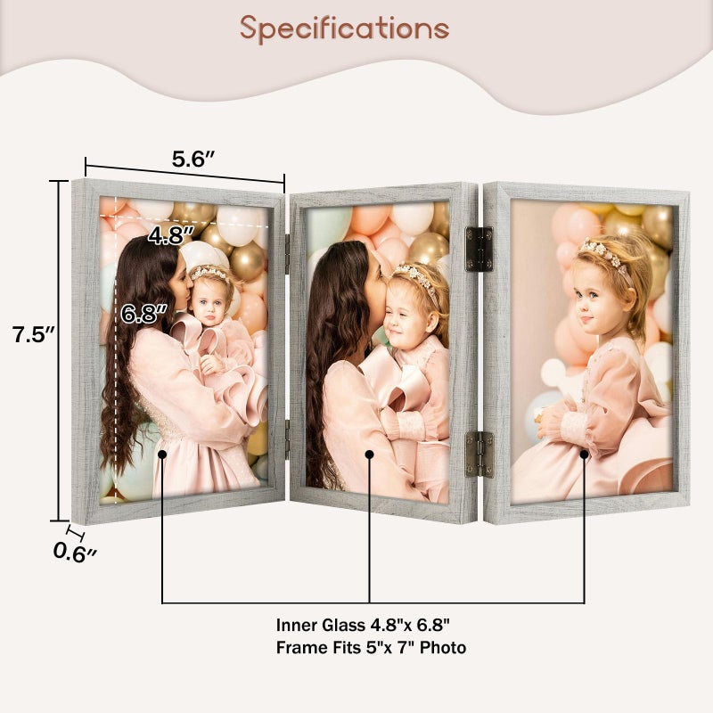 Space Art Deco 5x7 Triple Hinged Frames  3 Folding Picture Frame  Triptych Photo Frame  Stand Vertically on Desktop or Tabletop  Whitewashed Oak - Image 2