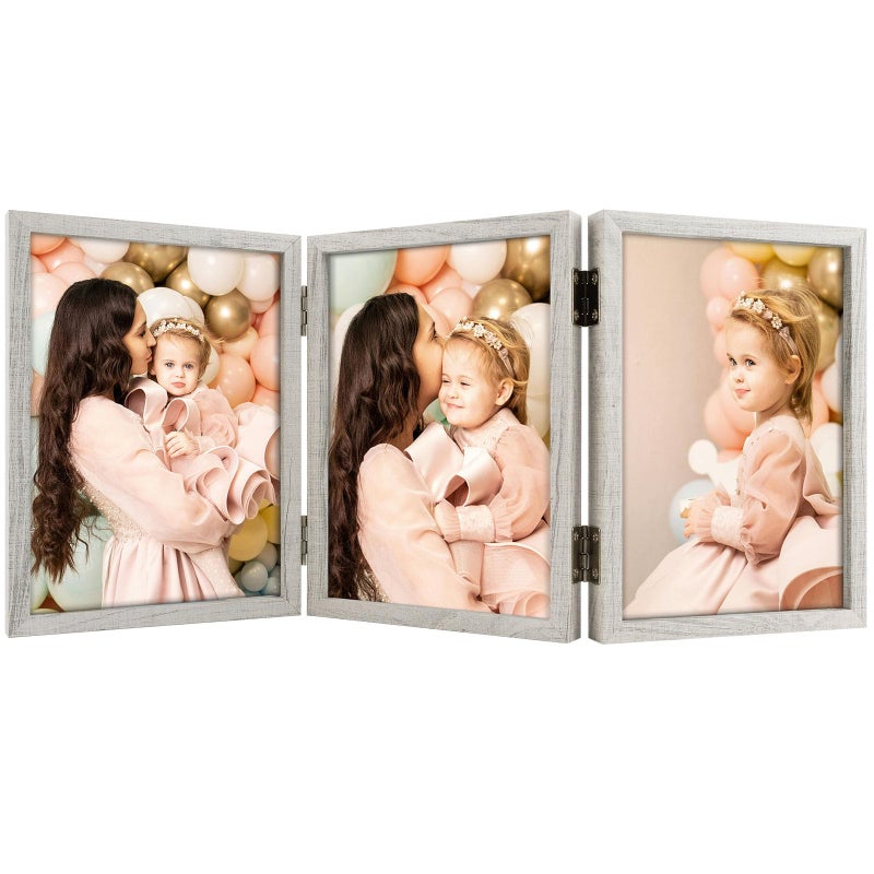 Space Art Deco 5x7 Triple Hinged Frames  3 Folding Picture Frame  Triptych Photo Frame  Stand Vertically on Desktop or Tabletop  Whitewashed Oak - Image 1