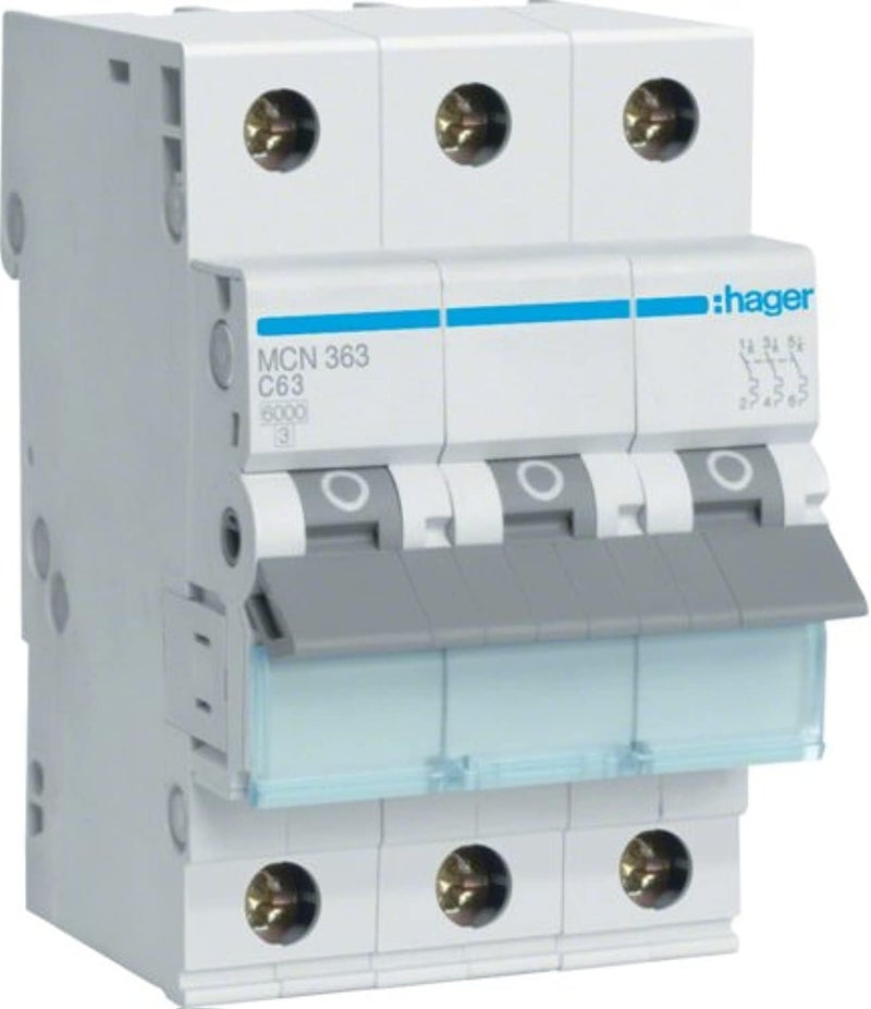 Hager MCN363/MU363A C-Type 3P Circuit Breaker 63AMP-Made in EU - Image 1