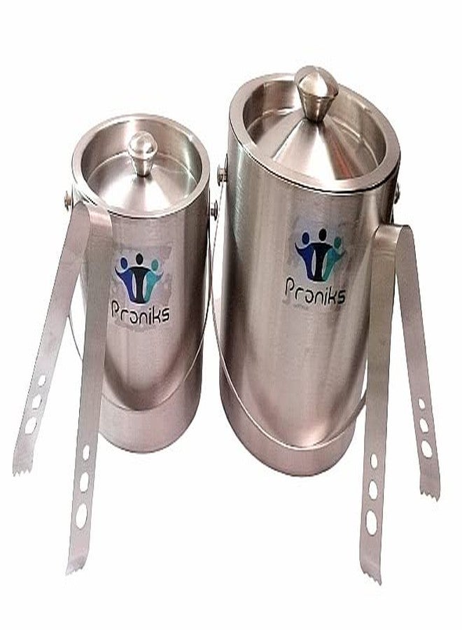 Proniks Double Wall Stainless Steel Plain Ice Bucket with Ice Tong 1.5 litres and 1litre Combo Ice Cold for 6 h with Handle, bar Tools for Home bar Accessories, Mini bar - Image 1