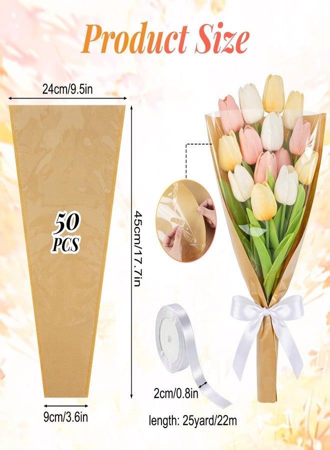 BQMEZRNUS 50 PCS Flower Wrapping Paper Sleeves for Bouquets, Kraft Bouquet Bags with Ribbons, Bulk Flower Sleeves for Mother’s Day Wedding Graduation Valentine, Florist Packaging Supplies, 17.7 x 9.4 x 3.5 Inches (Brown - Image 2