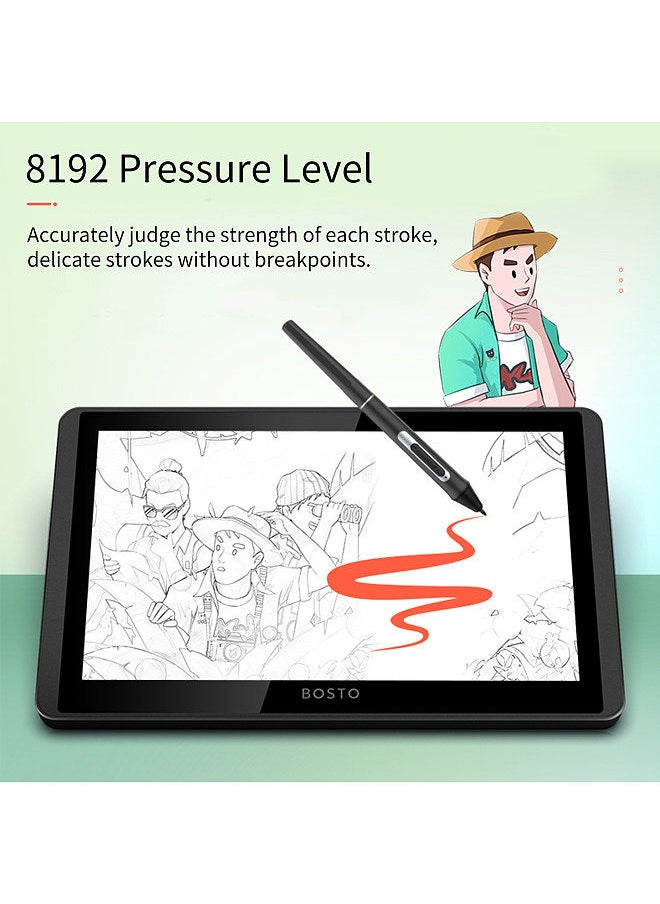 BOSTO - شاشة تابلت رسم جرافيك LCD 12HD-A مقاس 11.6 بوصة، تقنية سلبية مع وظيفة إمالة تدعم نظام التشغيل Windows MacOS، تابلت رسم منخفض الاستهلاك يعمل بمنفذ USB مع قلم شاشة تفاعلي - Image 1