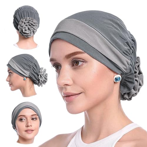 PALAY® Chemo Caps for Women Cotton Stretchy Turban Cap Headwear Head Wrap Flower Skull Cap for Women Cancer Beanie Head Coverings - Grey - Image 1