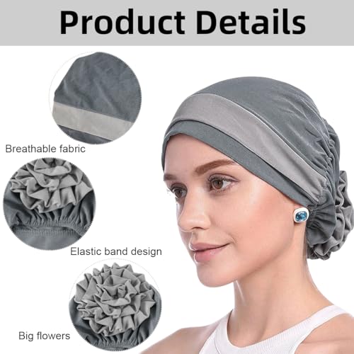 PALAY® Chemo Caps for Women Cotton Stretchy Turban Cap Headwear Head Wrap Flower Skull Cap for Women Cancer Beanie Head Coverings - Grey - Image 4