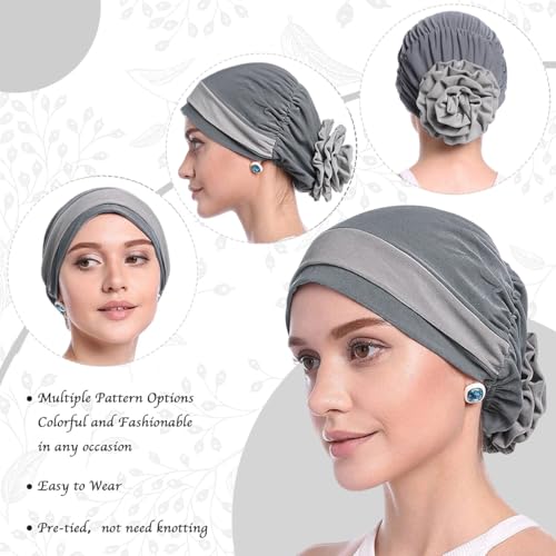 PALAY® Chemo Caps for Women Cotton Stretchy Turban Cap Headwear Head Wrap Flower Skull Cap for Women Cancer Beanie Head Coverings - Grey - Image 3