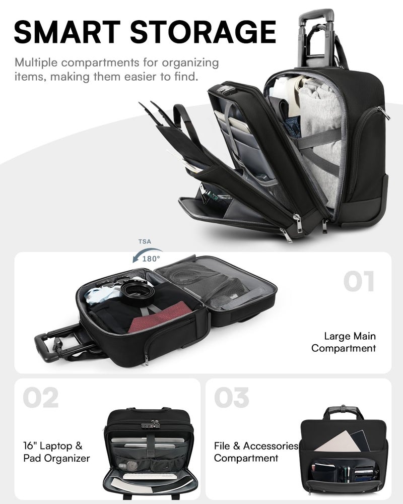 AUROTIER Rolling Laptop Bag, Briefcase for Men and Women, 16 Inch Computer Bag with Wheels Underseat Carry on Luggage, Laptop Briefcase Case for Work, Travel, College Teacher, Mobile Office Bag, Black - Image 4