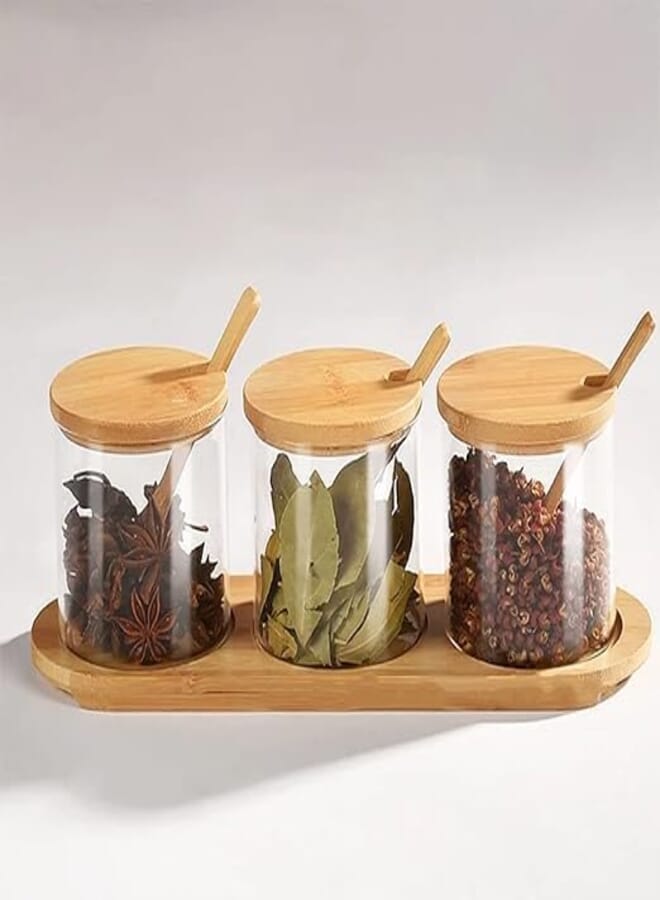 Spice Jar Premium Seasoning Box Set - 3 Glass Containers with Bamboo Lids, Spoons, and Base - Stylish Salt, Sugar, and Spice Storage for Kitchen, Coffee Bar, and Home (320 ml x 3)