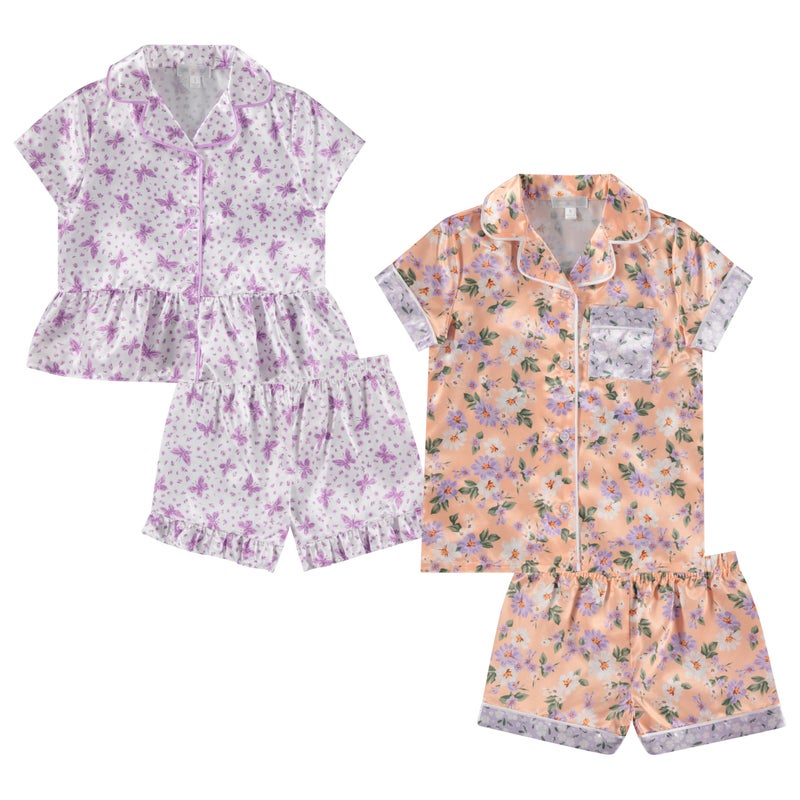 BTween Girls Satin Pajama Set 4 Pack, Short Sleeve Button-Down Sleepwear for Kids, Soft and Breathable Nightwear - Image 1