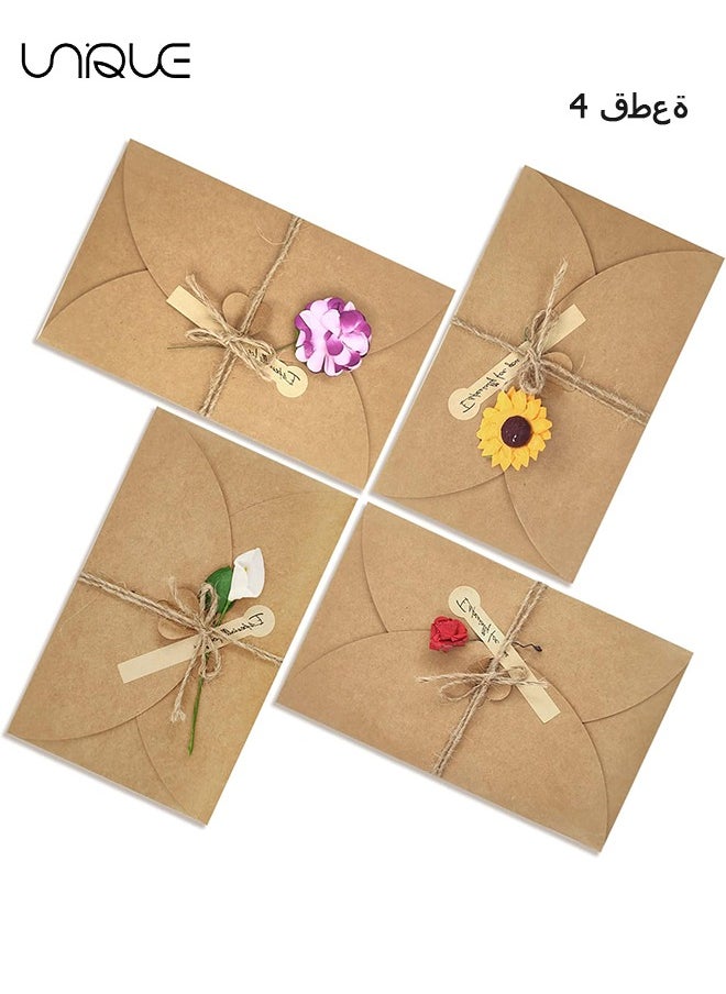 Unique - 4 Packs Greeting Card - Brown Kraft - 4 Floral Designs of Dried Flowers Greeting Cards with Envelopes - Stickers and Twine (6.5*4.3 Inch) - Image 1