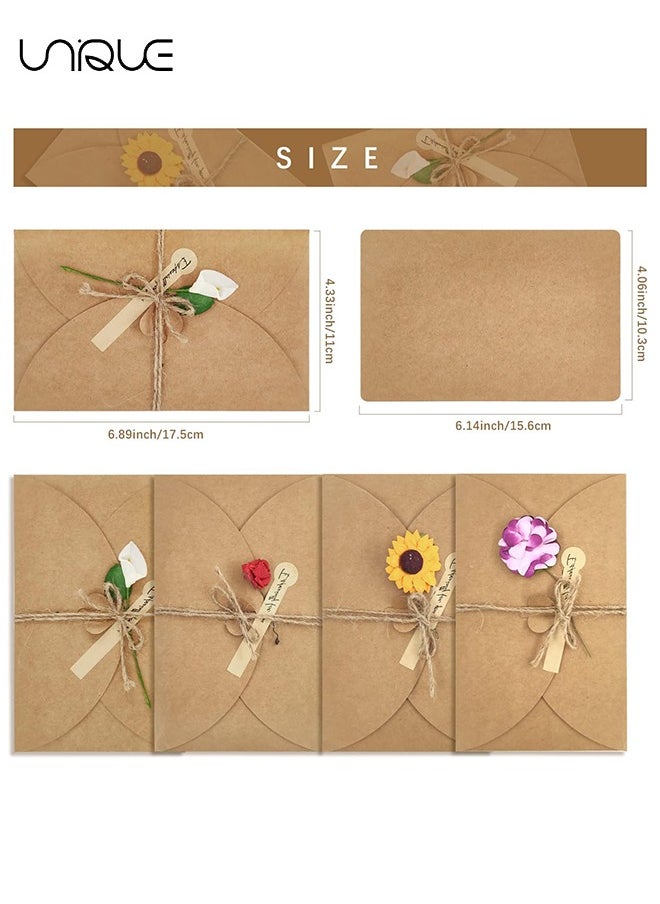 Unique - 4 Packs Greeting Card - Brown Kraft - 4 Floral Designs of Dried Flowers Greeting Cards with Envelopes - Stickers and Twine (6.5*4.3 Inch) - Image 1