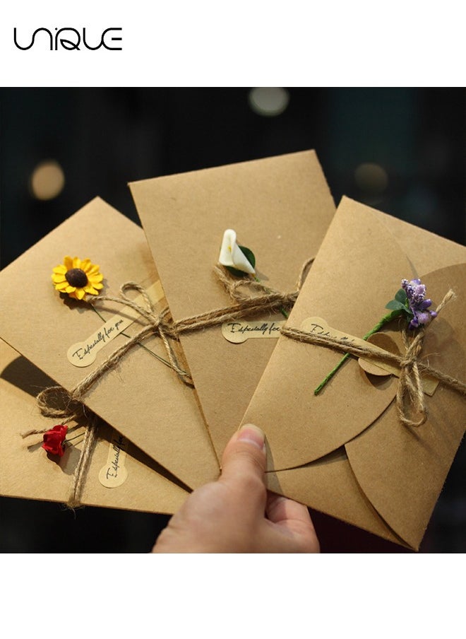 Unique - 4 Packs Greeting Card - Brown Kraft - 4 Floral Designs of Dried Flowers Greeting Cards with Envelopes - Stickers and Twine (6.5*4.3 Inch) - Image 1