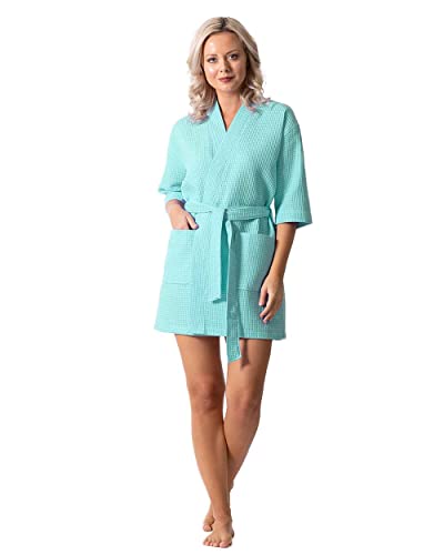Turkish Linen روب قصير خفيف الوزن من الكتان التركي بتصميم وافل للحمام والسبا ووصيفات العروس للنساء - سريع الجفاف وناعم - Image 3