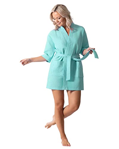 Turkish Linen روب قصير خفيف الوزن من الكتان التركي بتصميم وافل للحمام والسبا ووصيفات العروس للنساء - سريع الجفاف وناعم - Image 1
