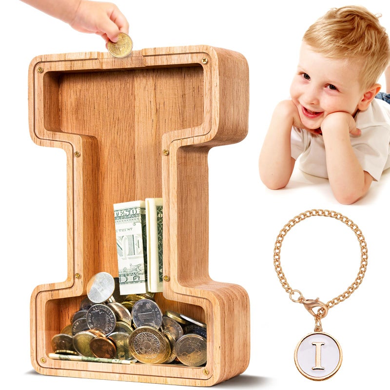 SummiDate Wooden Letter Money Box for Kids Personalised Piggy Bank for Boys Girls Toddler Alphabet I Money Banks Coin Bank Birthday Gift for KidsChildrens GiftInitialI
