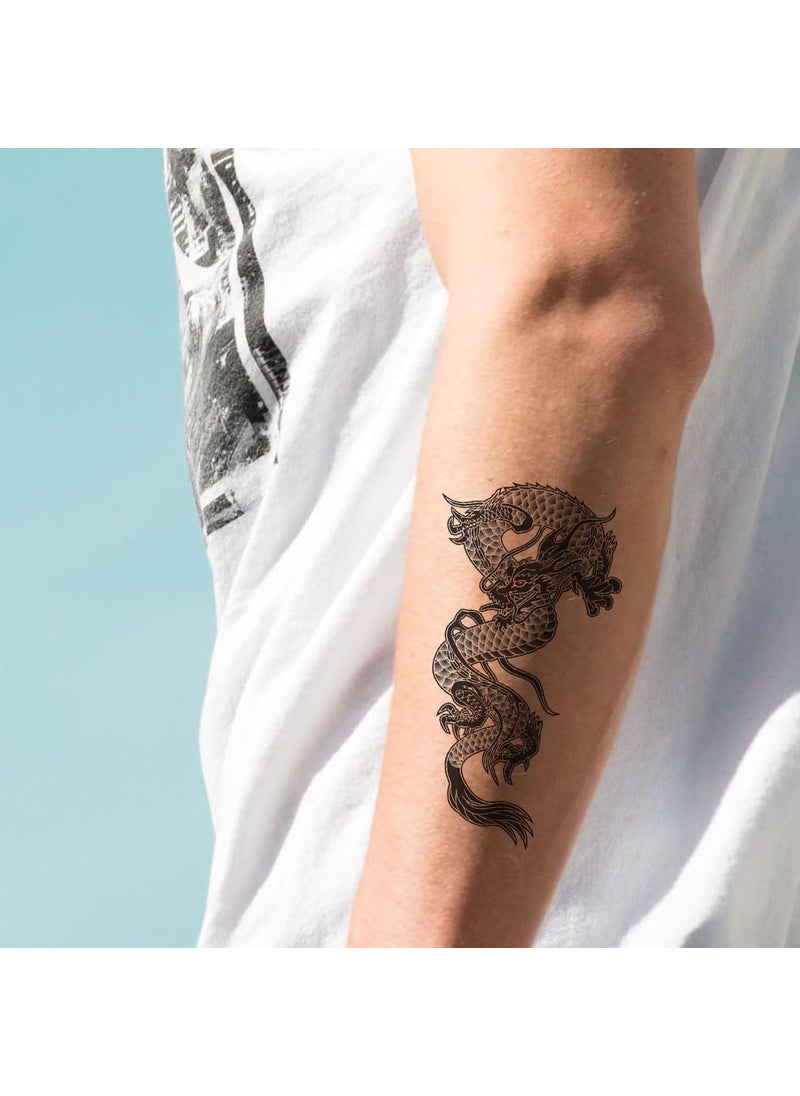 Oottati Small Cute Temporary Tattoo Sticker Set of 2 - Black Dragon Totem Designs for Hand Neck Face Wrist, Waterproof Fake Body Art, Simple & Modern Unisex Skin Decals 