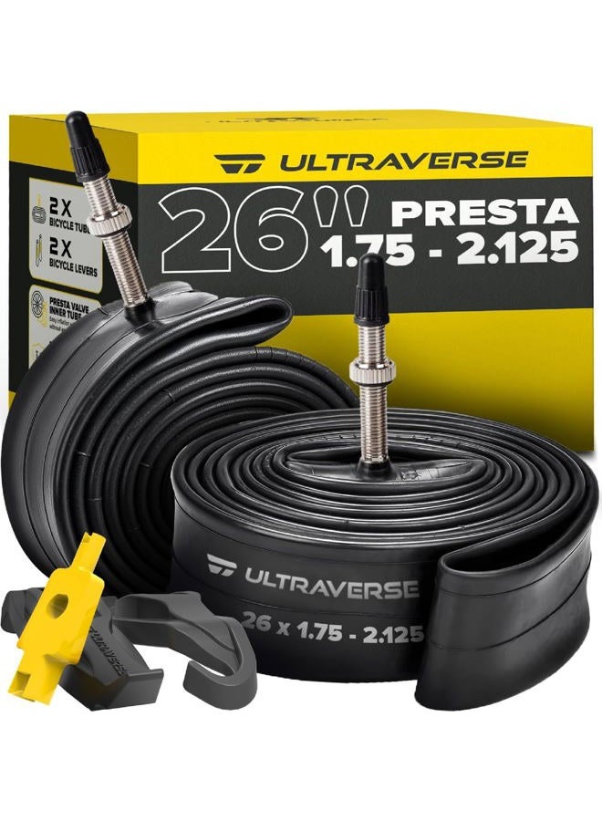 Ultraverse Bike Inner Tube for 26 X 1.75/1.95/2.10/2.125 inch Bicycle tire Sizes with Presta Valve - Rubber Tubes for Mountain and Trail, Cruisers, MTB, and All Terrain Bikes – Set of 2 - Image 1