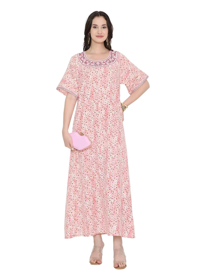 HANA & SARA Tiny Flower Printed and Neck Embroidered Arabic Farasha Kaftan Dresses