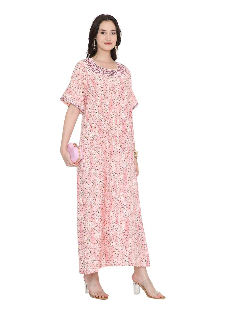 هانا آند سارا Tiny Flower Printed and Neck Embroidered Arabic Farasha Kaftan Dresses