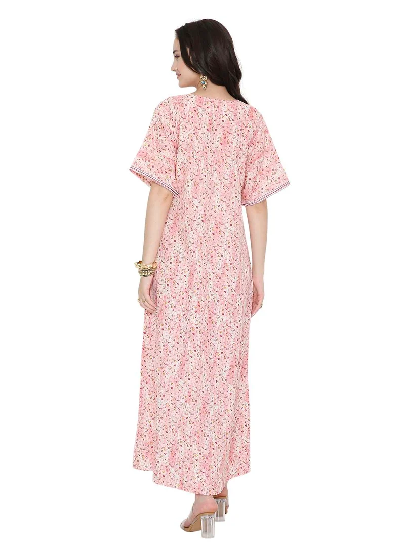 هانا آند سارا Tiny Flower Printed and Neck Embroidered Arabic Farasha Kaftan Dresses