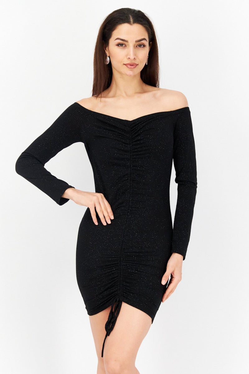 Endless Blu Women Ruched Tie Detail Casual Mini Dress, Black - Image 1