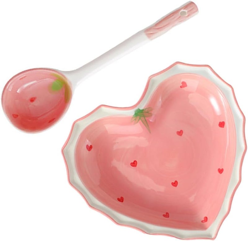 Hemoton طبق حلوى سيراميك على شكل قلب مع ملعقة وعاء حلوى فراولة لطيف طبق تقديم مقبلات فواكه طبق سوشي عشاء طبق تقديم وجبات خفيفة 6 بوصات - Image 1