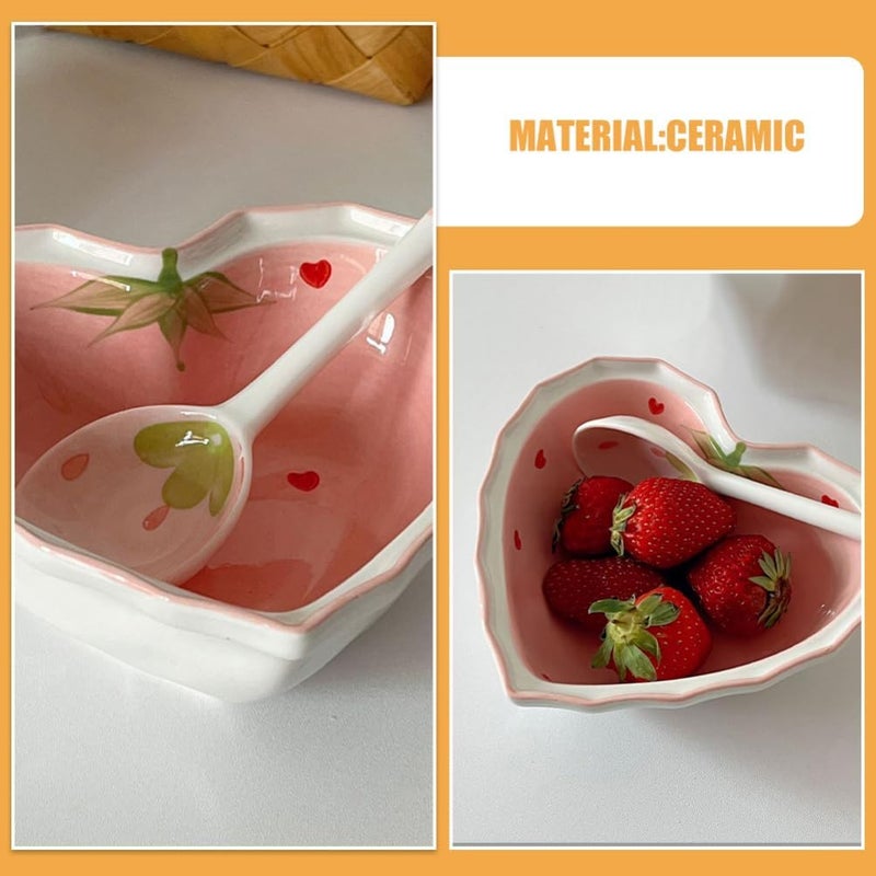 Hemoton طبق حلوى سيراميك على شكل قلب مع ملعقة وعاء حلوى فراولة لطيف طبق تقديم مقبلات فواكه طبق سوشي عشاء طبق تقديم وجبات خفيفة 6 بوصات - Image 5