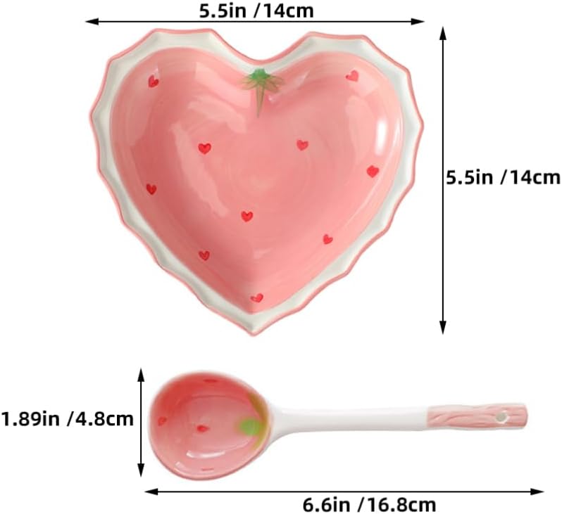 Hemoton طبق حلوى سيراميك على شكل قلب مع ملعقة وعاء حلوى فراولة لطيف طبق تقديم مقبلات فواكه طبق سوشي عشاء طبق تقديم وجبات خفيفة 6 بوصات - Image 2