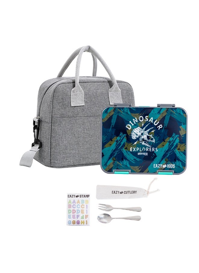 Eazy Kids Eazy Kids 6 & 4 Convertible Bento Lunch Box w/ Lunch Bag, Steel Spoon & Fork Set and Alphabets Sticker - T-Rex Grey  - Image 1