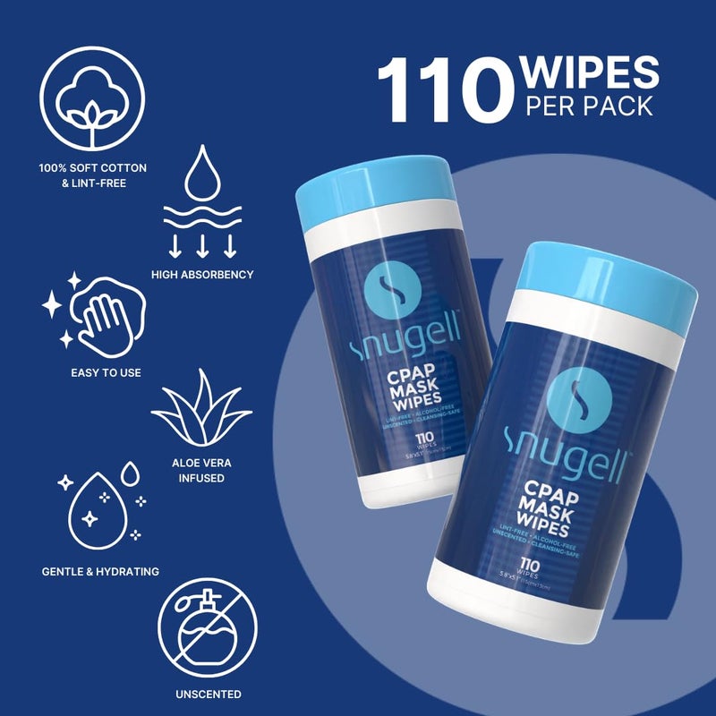 Snugell Unscented CPAP Mask Wipes â€“ 110 Count â€“100% Soft Cotton â€“ Lint & Alcohol-Free â€“ Skin-Safe Formula with Aloe Vera â€“ Easy-to-Open Canister â€“ Perfect for Cleaning CPAP Masks, Tubes, and Devices - Image 2