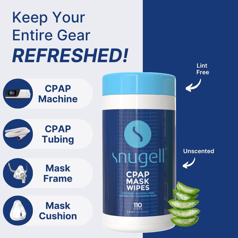 Snugell Unscented CPAP Mask Wipes â€“ 110 Count â€“100% Soft Cotton â€“ Lint & Alcohol-Free â€“ Skin-Safe Formula with Aloe Vera â€“ Easy-to-Open Canister â€“ Perfect for Cleaning CPAP Masks, Tubes, and Devices - Image 4