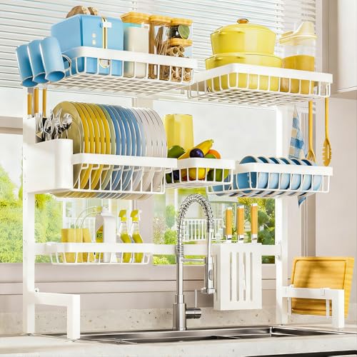 Sakugi Dish Drying Rack Over The Sink Dish Drainer Drying Rack with Utensil Knife Holder Hooks Stainless Steel Kitchen Organizers and Storage Solution 118 D x 315390W x 30 H White - Image 1