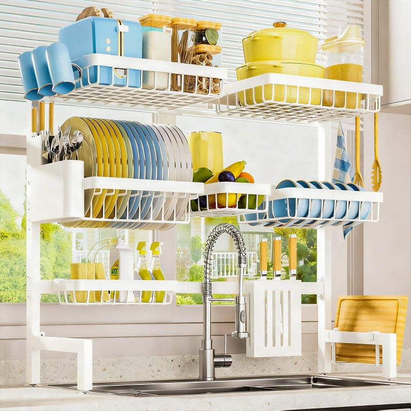 Sakugi Dish Drying Rack Over The Sink Dish Drainer Drying Rack with Utensil Knife Holder Hooks Stainless Steel Kitchen Organizers and Storage Solution 118 D x 315390W x 30 H White - Image 2