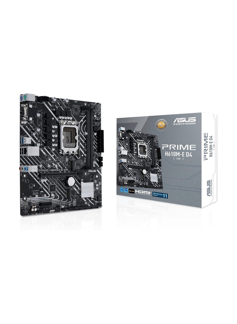 أسوس لوحة أم تجارية Prime H610M-E D4-CSM LGA 1700 (Intel® الجيل الثاني عشر والثالث عشر) mATX (PCIe 4.0،DDR4،2xM.2 Slots،1Gb LAN،DisplayPort/HDMI/D-Sub،USB 3.2 Gen 1 Ports،COM Header،RGB Header،ACCE) - Image 1
