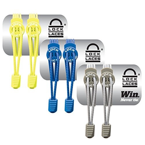 Lock Laces (Elastic No Tie Shoe Laces (Pack of 3) (Neon Yellow-Blue-Gray) - Image 1